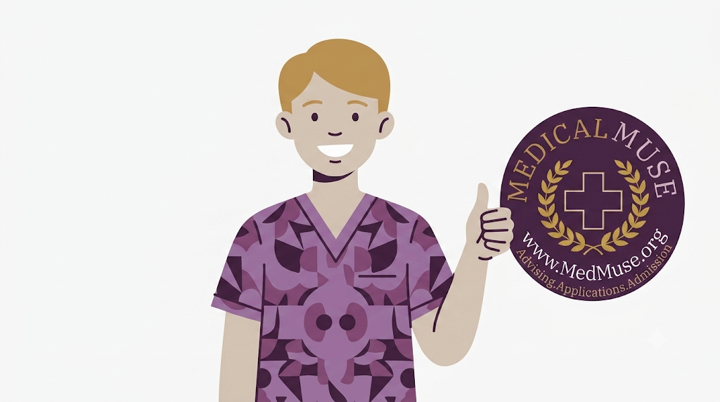 A smiling student next to the Medical Muse company logo
