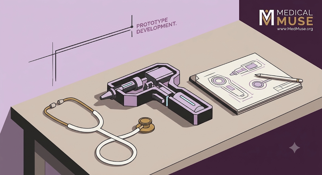 A detailed prototype of a 3D-printed device alongside medical sketches on a clean workstation.