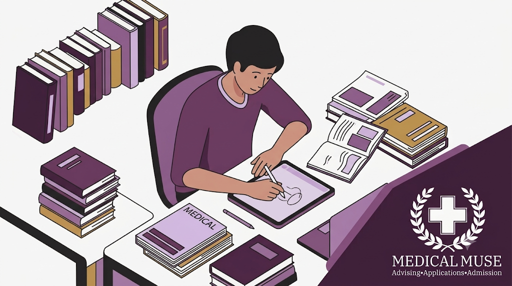 A pre-med student brainstorming unique pre-med projects on a digital tablet in a modern library.
