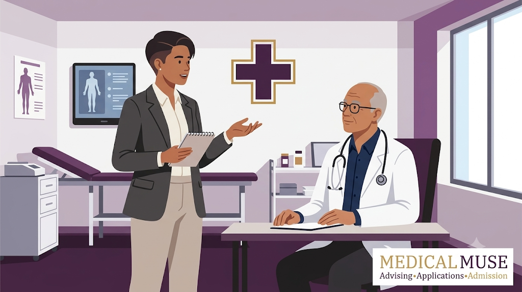 An undergraduate student shaking hands with a doctor in a clinical setting.