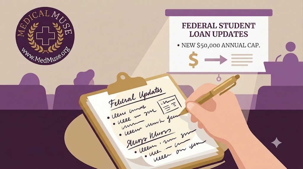 A student taking notes regarding a federal loans slideshow