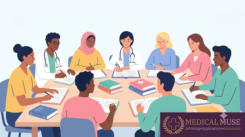 A diverse group of pre-med undergraduate students collaborating on a project.