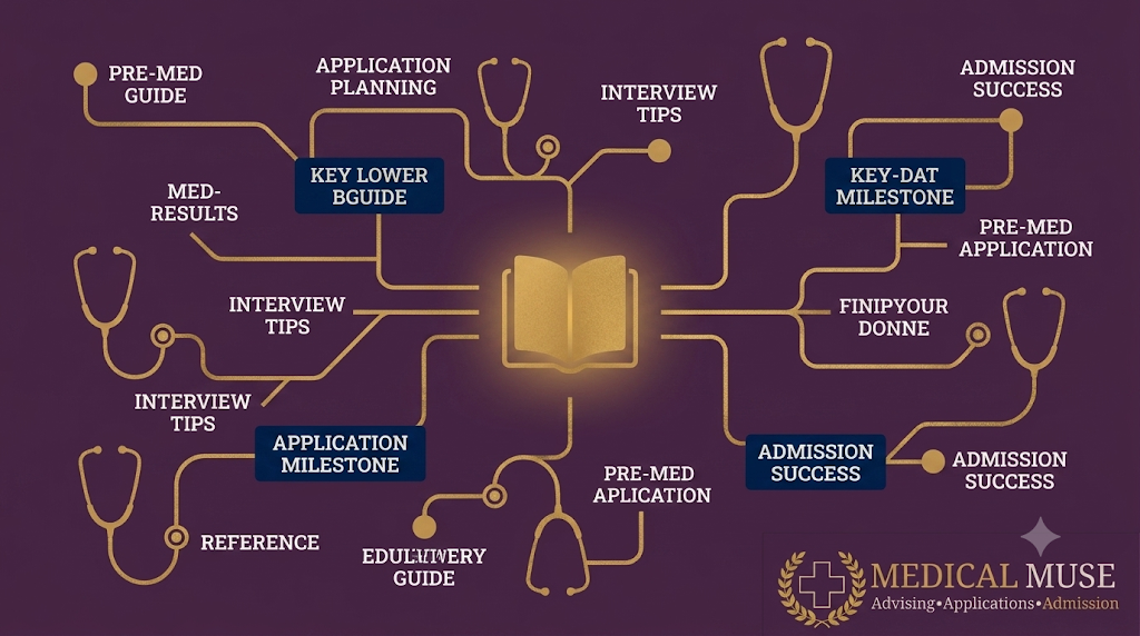 A conceptual graphic displaying interconnected medical milestones and personal statement themes. 