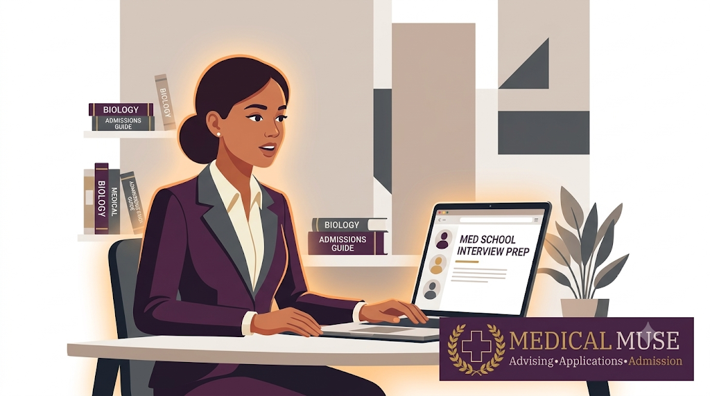 A focused pre-med student participating in a professional medical school interview preparation session over a video call.