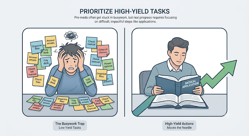 Managing stress by prioritizing premed requirements over superficial busywork.