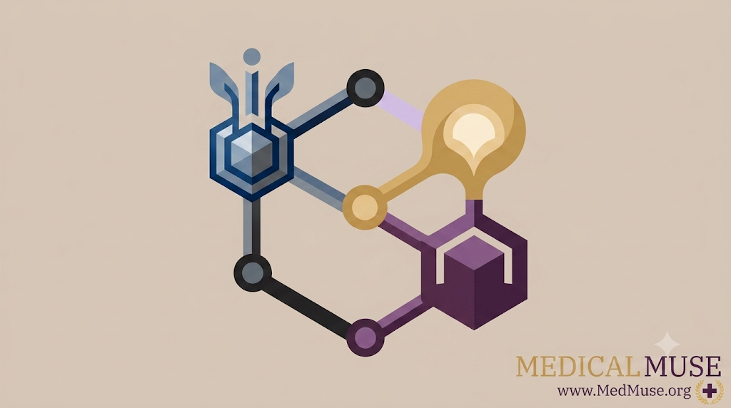 An abstract conceptual graphic displaying interconnected medical ethics concepts like empathy and professionalism.