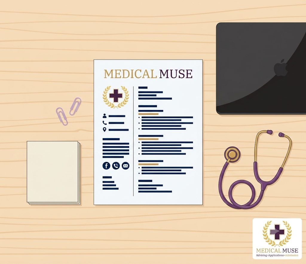 A neat professional resume layout on an office desk, highlighting sections for medical school application extracurriculars.