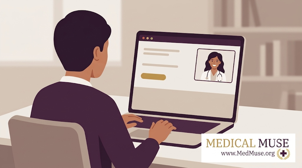 A medical admissions consultant providing empathetic mentorship to a student during an online session.