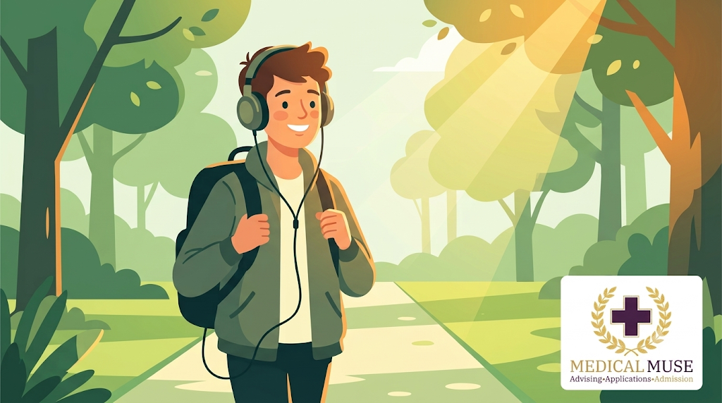 A medical school applicant walking outside in a park while reviewing educational audio materials.