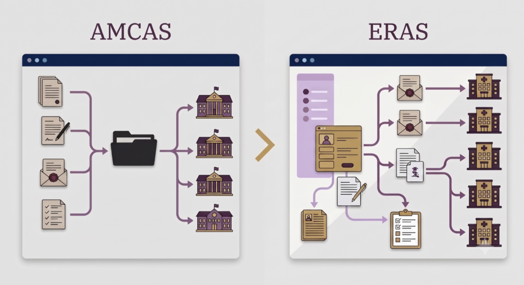 Navigating the transition from AMCAS to ERAS marks a major shift from a centralized application system to a complex, multi-faceted workflow. Applicants must coordinate customized personal statements, specialty-tailored letters, and program-specific documents across individual hospital systems. This process demands strategic planning, meticulous organization, and sharp attention to detail under tight deadlines.
