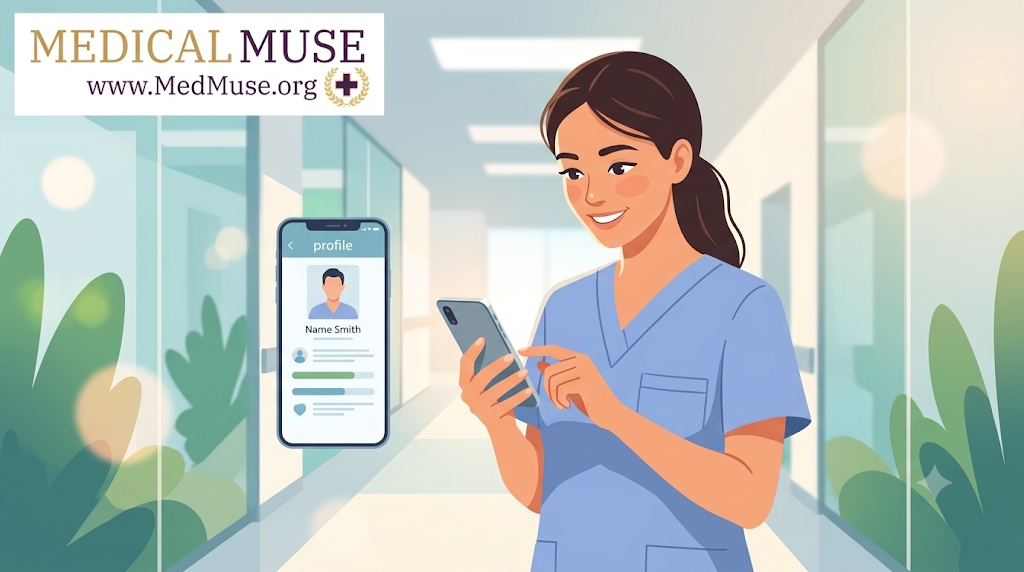 medical student checking digital professional network on smartphone
