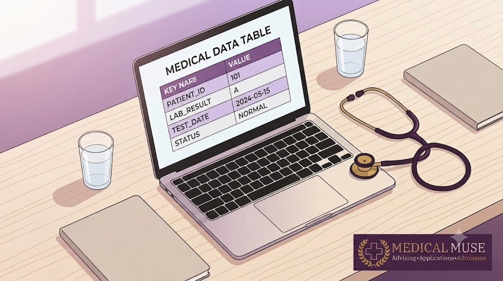 laptop displaying medical data tables and metrics for residency applicants