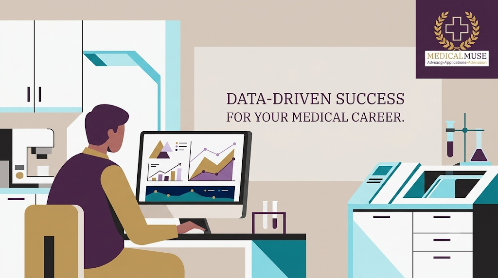 A stylized illustration of a pre-med student analyzing data on a computer screen in a research lab.