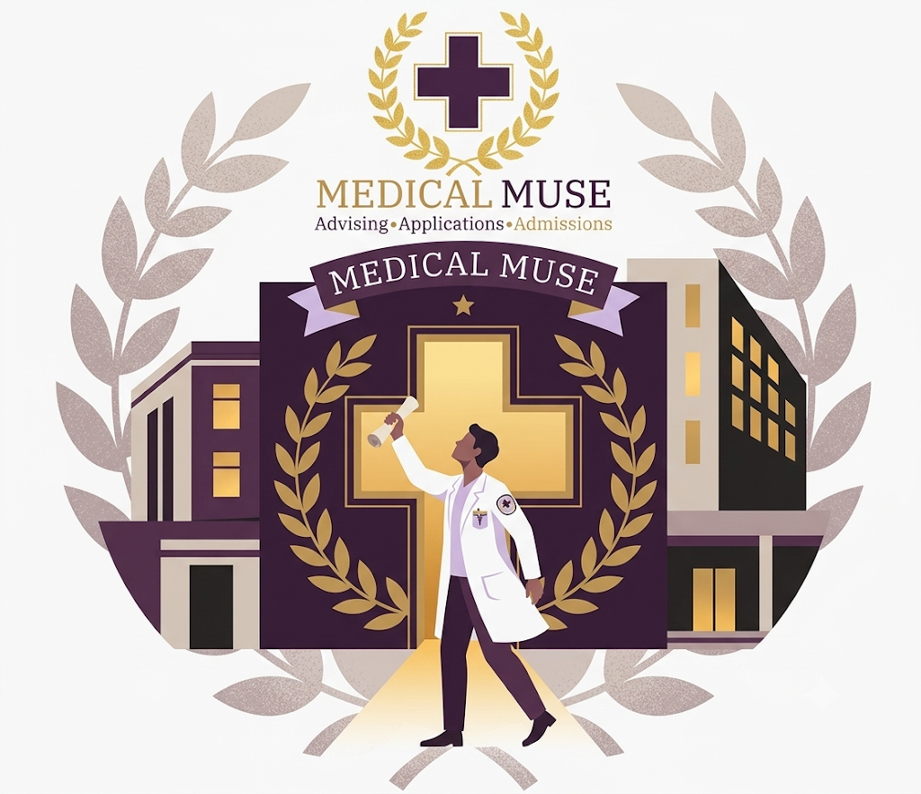 A graphic representing a medical student successfully crossing a finish line toward a medical school building.