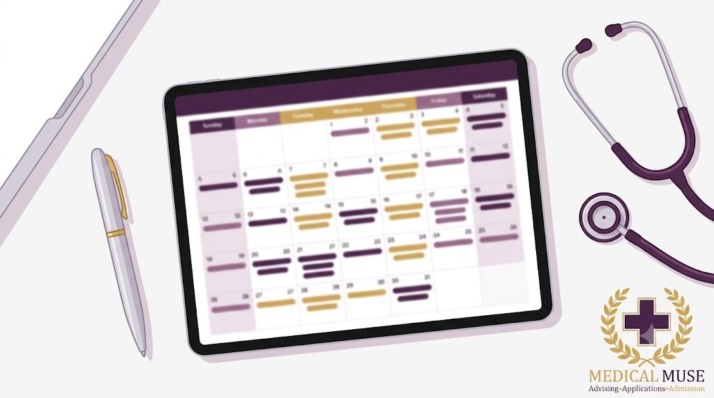 A clean flat-lay of a digital tablet showing an undergraduate pre-med roadmap calendar.
