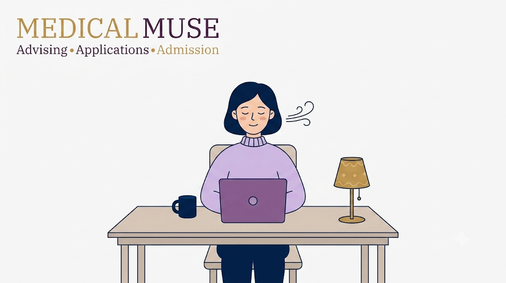  A stylized illustration of a student taking a deep, calm breath during a study break with a clean workspace.